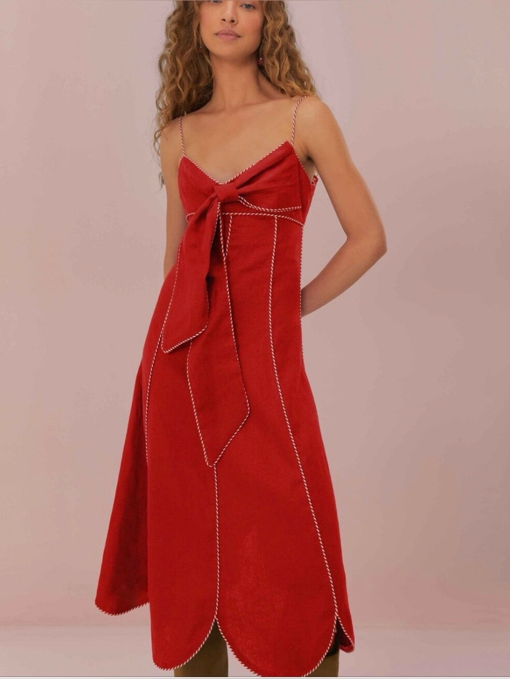 FARM Rio Red Bow-Front Linen Midi scalloped dress M